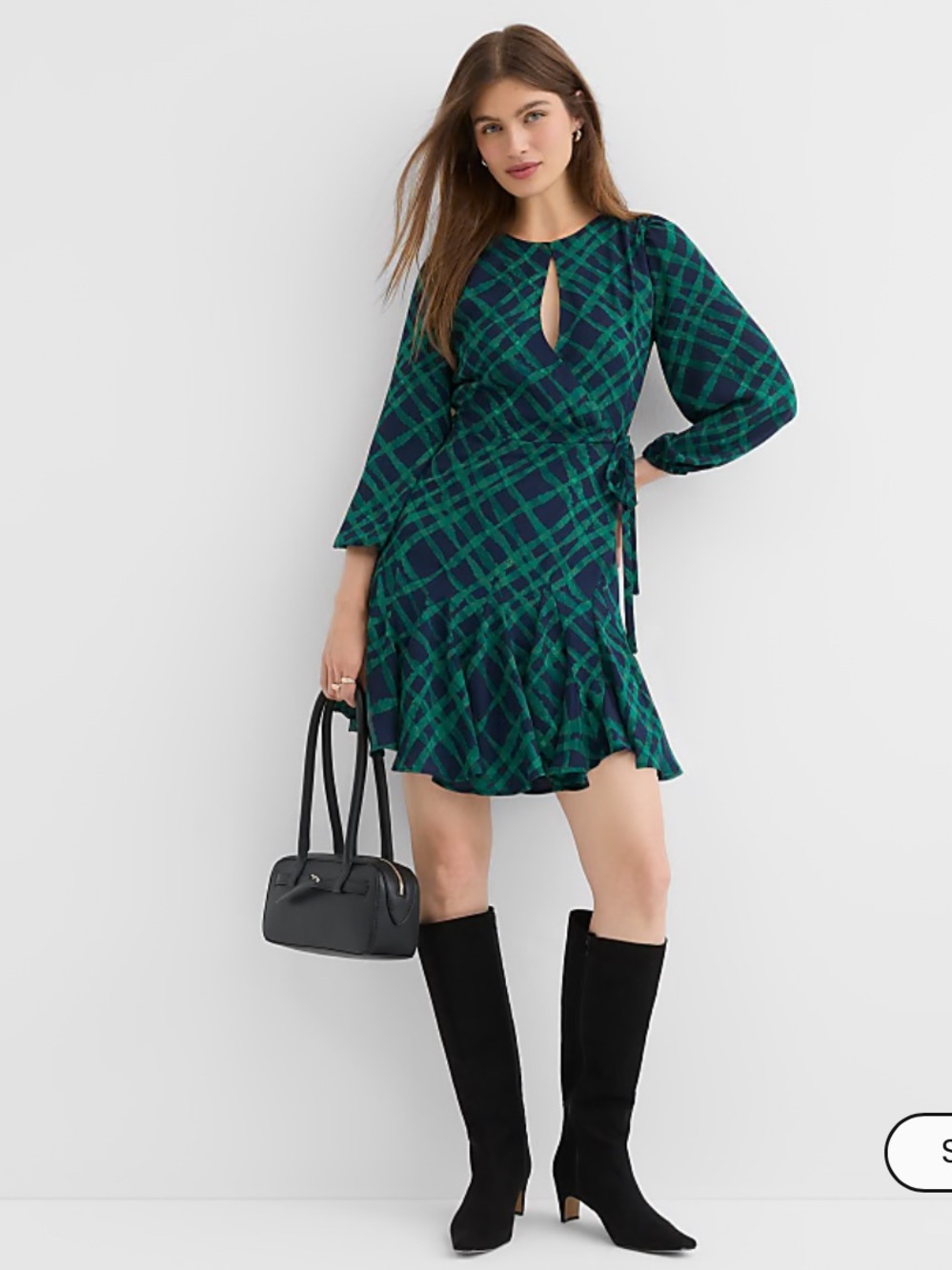 LOFT Navy and Green Plaid Keyhole Wrap Mini Dress